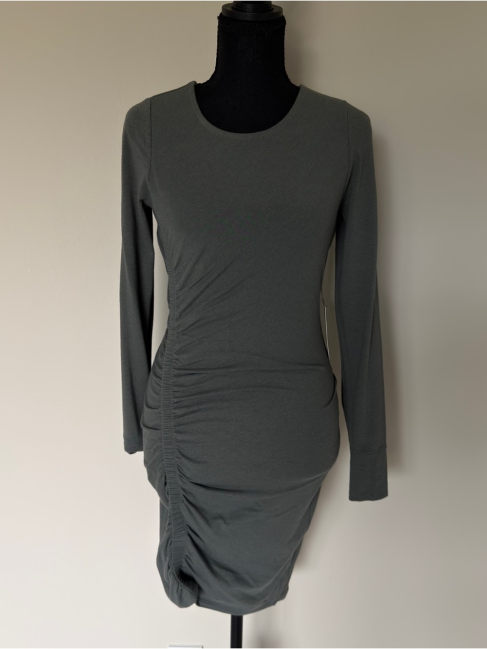 Express Long Sleeve Ruched Bodycon Dress in Olive
